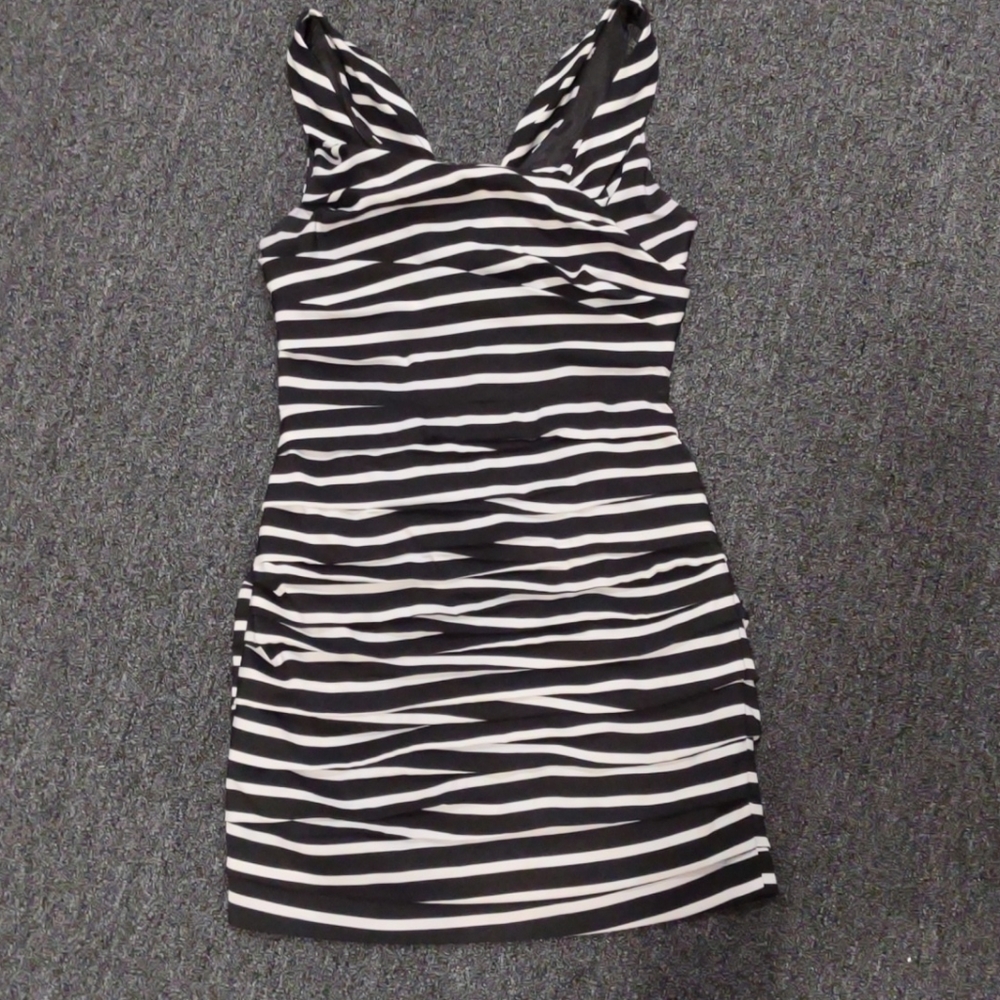 Black and white striped cocktail dress